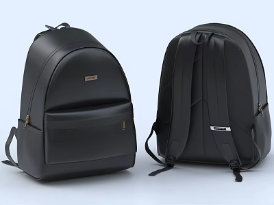 Black Leather Backpack Front Back View With Pockets And Straps 3d model