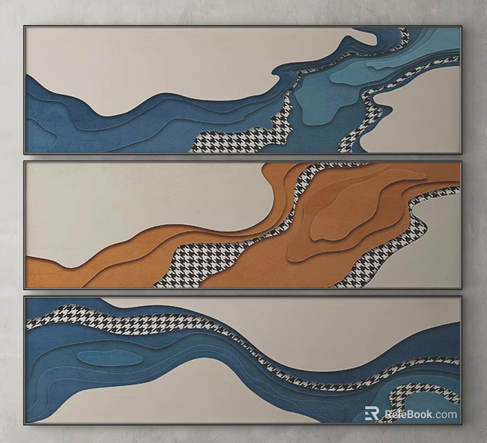 Abstract Wall Art With Blue Orange Wave Patterns And Checkerboard Design 3d model 