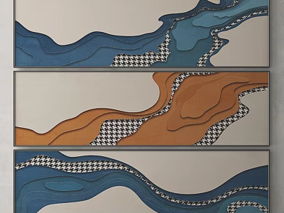 Abstract Wall Art With Blue Orange Wave Patterns And Checkerboard Design 3d model