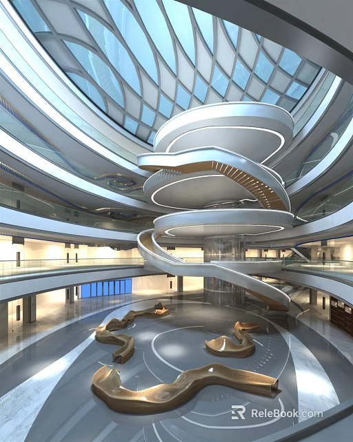 Modern Architectural Interior With Spiral Staircase Glass Dome And Multi Level Galleries 3d model