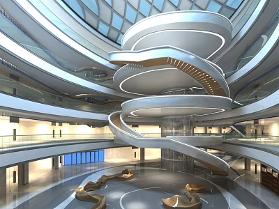 Modern Architectural Interior With Spiral Staircase Glass Dome And Multi Level Galleries 3d model