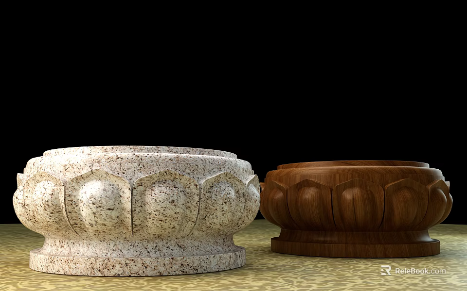 Carved Lotus Base Sculptures in Light Stone and Dark Wood with Petal Patterns 3d model 