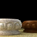 Carved Lotus Base Sculptures in Light Stone and Dark Wood with Petal Patterns