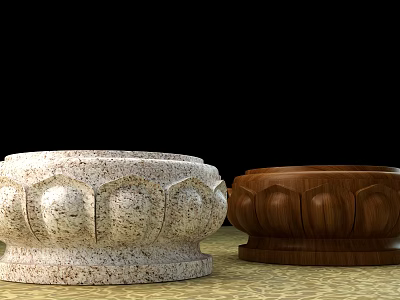 Carved Lotus Base Sculptures in Light Stone and Dark Wood with Petal Patterns 3d model