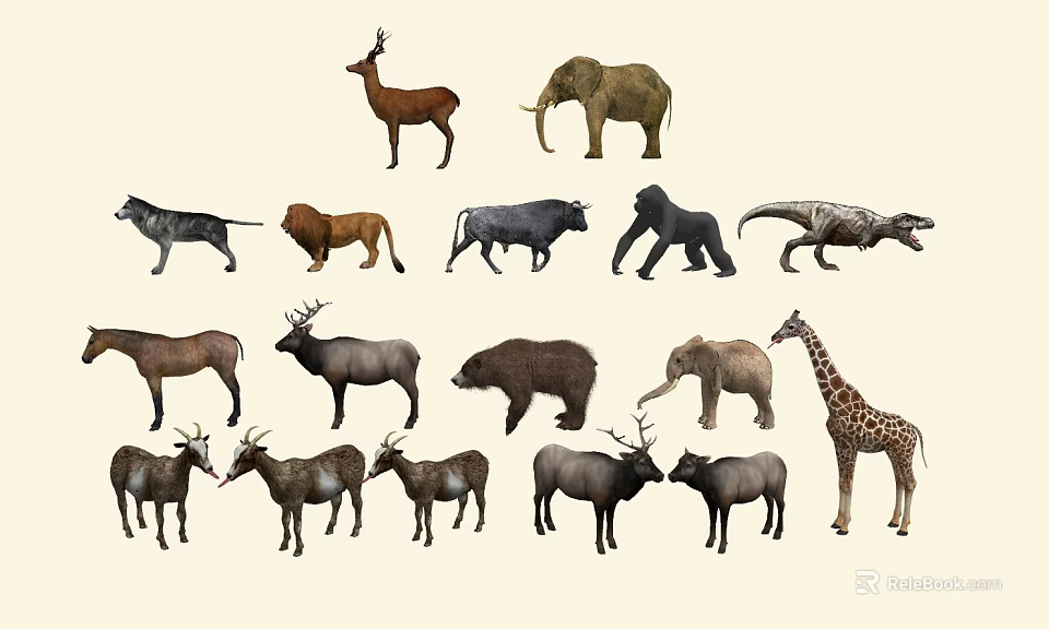 Colorful Reptile Dinosaur Among Diverse Wild Animal Collection Illustrations 3d model 