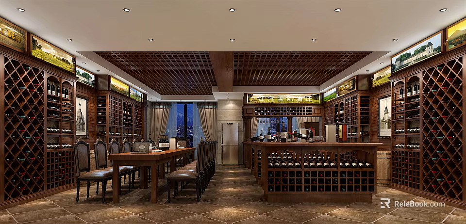 Elegant Wine Cellar Interior With Wooden Ceiling Racks Dining Table And Chairs 3d model 