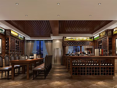 Elegant Wine Cellar Interior With Wooden Ceiling Racks Dining Table And Chairs 3d model