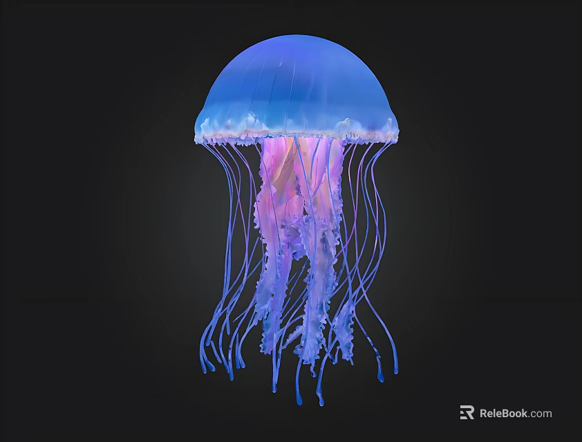 Glowing Blue Purple Jellyfish With Long Flowing Tentacles On Dark Background 3d model 