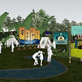 Scenic Outdoor Campsite Featuring Tents String Lights Thatched Pavilion Stream And Lawn Seating