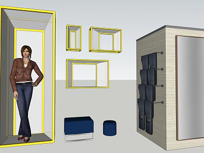 Model In Fitting Room With Yellow Framed Frames Blue Bench Cylindrical Stool And Mirror Wardrobe 3d model