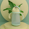 Transparent Daily Use Cup With Two Handles Light Blue White Design And Green Leaves Background