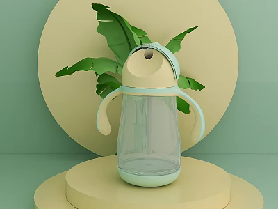 Transparent Daily Use Cup With Two Handles Light Blue White Design And Green Leaves Background 3d model