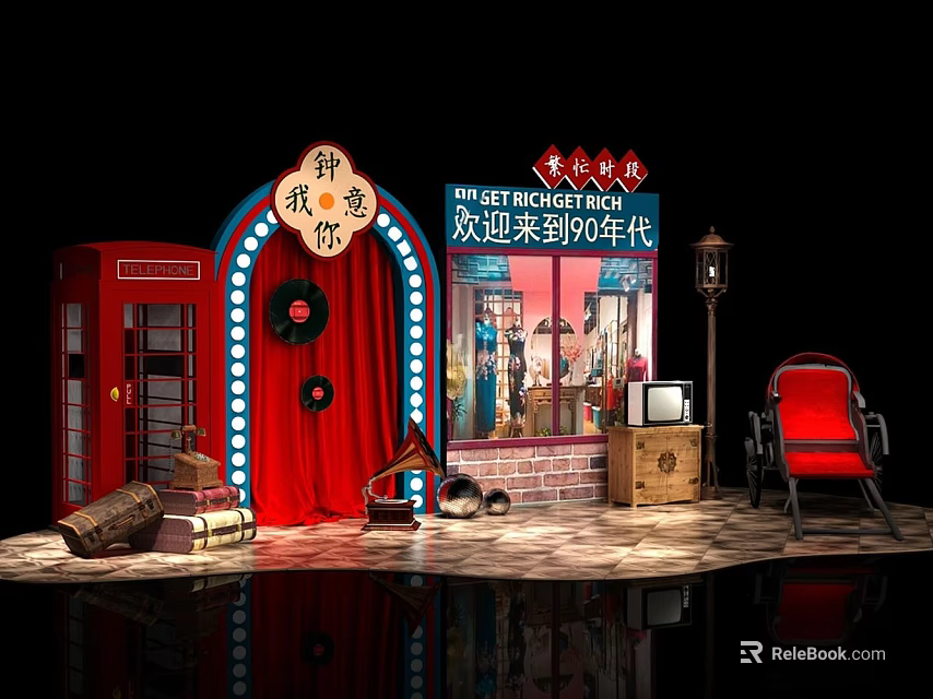 80s Retro Scene Setup With Neon Signs Red Telephone Booth And Vintage Items 3d model 