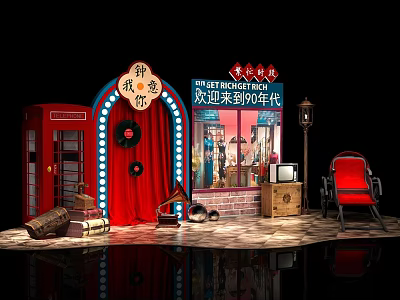 80s Retro Scene Setup With Neon Signs Red Telephone Booth And Vintage Items 3d model