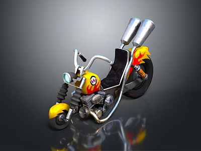 Yellow Custom Motorcycle Featuring Flame Graphics Dual Exhaust Pipes Black Seat And Silver Frame 3d model
