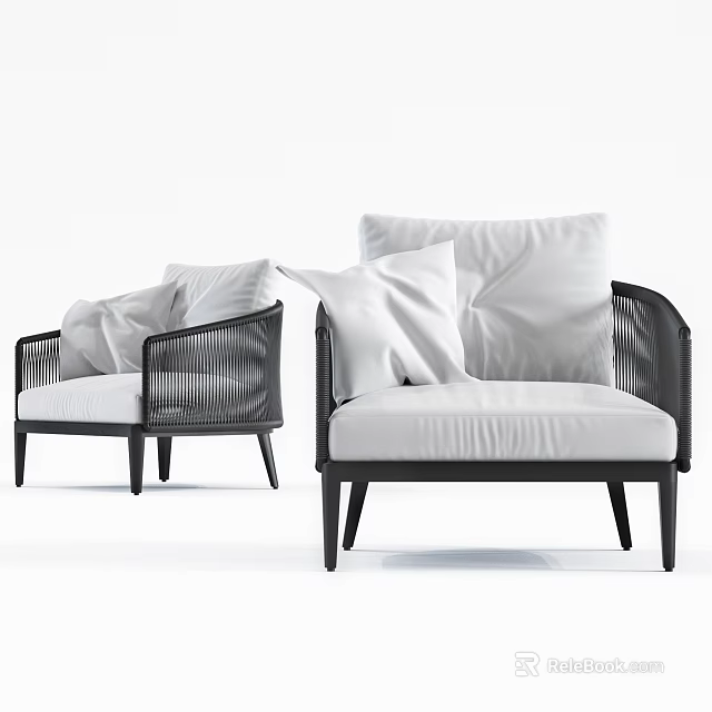 Modern Single Sofa With Black Frame White Cushion And Woven Armrest 3d model 