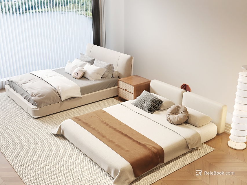 Stylish Double Bed With Light Upholstered Headboard Side Nightstand Soft Pillows And Brown Throw Blanket 3d model 