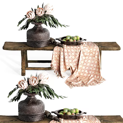 Rustic Ceramic Vase With Protea Flowers On Wooden Bench With Patterned Cloth And Fruit Plate 3d model
