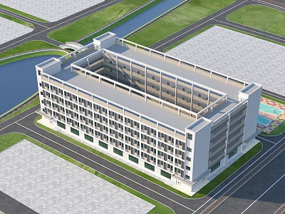 Modern Multi story Residential Building With White Exterior Courtyard Green Areas And Roads 3d model