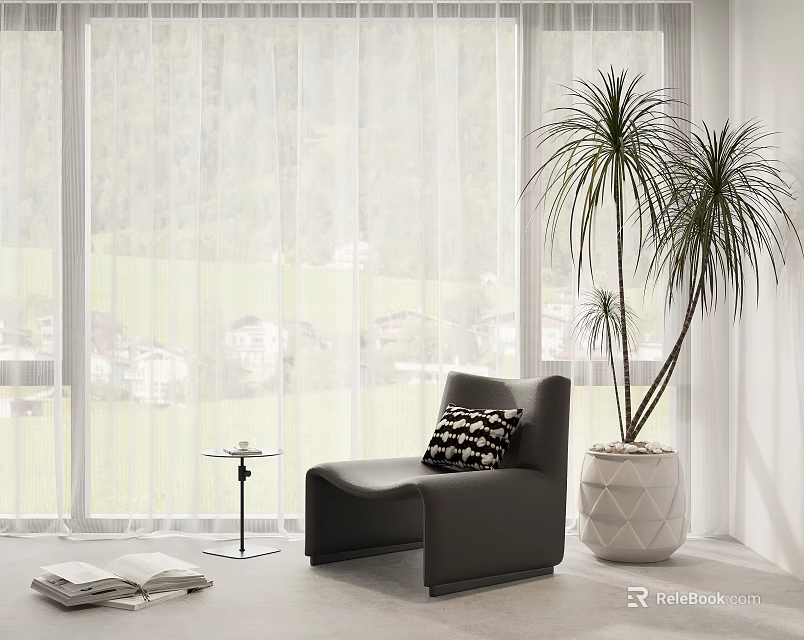 Modern Accent Chair by Large Window with Mountain View Green Grass Side Table Potted Plant 3d model 