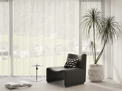 Modern Accent Chair by Large Window with Mountain View Green Grass Side Table Potted Plant 3d model