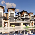 Modern Townhouse Exterior With Reflective Water Pool Balconies And Parked Cars