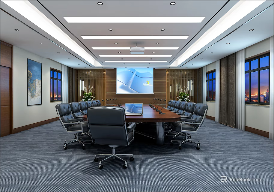 Modern Conference Room With Long Table Black Chairs Projection Screen And Large Windows 3d model