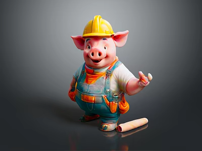 Smiling Pig Construction Worker In Yellow Hard Hat And Overalls With Paint Roller 3d model