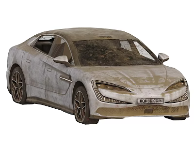 Rusty Old Electric Sedan Car With Dirty Exterior And Weathered Body 3d model