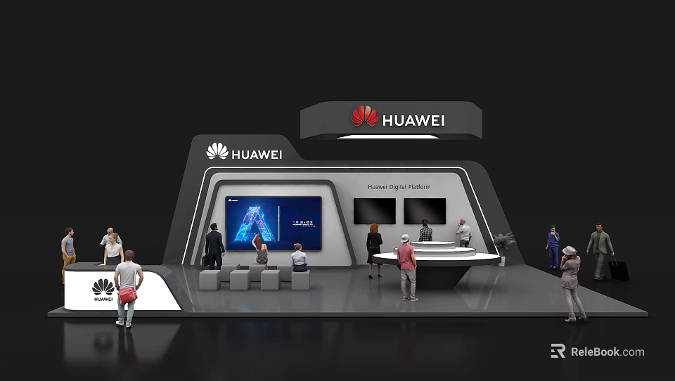 Modern Huawei Exhibition Booth Featuring Display Screens And People Visiting 3d model 