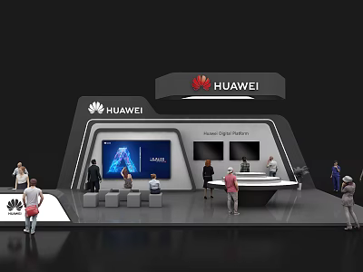 Modern Huawei Exhibition Booth Featuring Display Screens And People Visiting 3d model