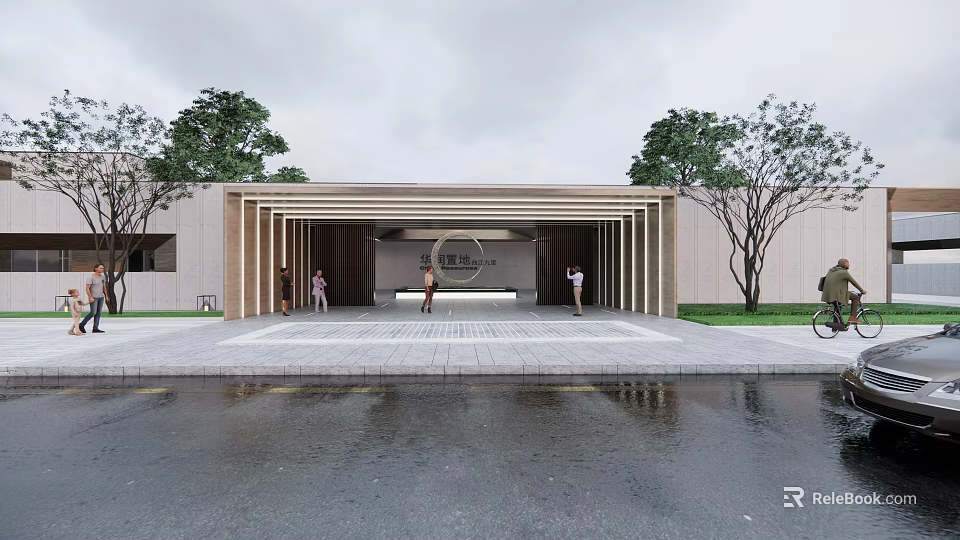 Modern Front Entrance Gate With Columns Trees Paved Area People And Water Feature 3d model 