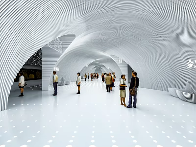 Modern Station with Arched Wavy Lines Design where People Walk and Interact in White Interior 3d model