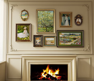 Landscape Paintings On Wall Above Fireplace Mantel 3d model
