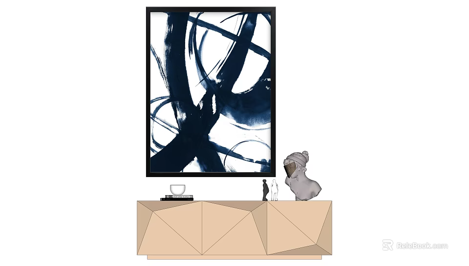 Beige Geometric Decorative Cabinet With Black Frame Abstract Painting And Dog Sculpture 3d model 