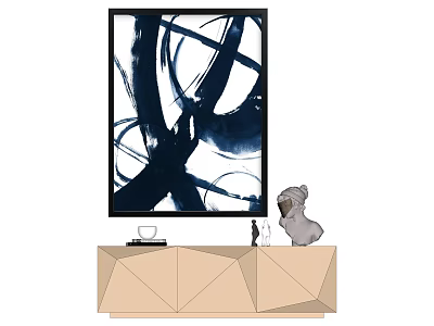 Beige Geometric Decorative Cabinet With Black Frame Abstract Painting And Dog Sculpture 3d model
