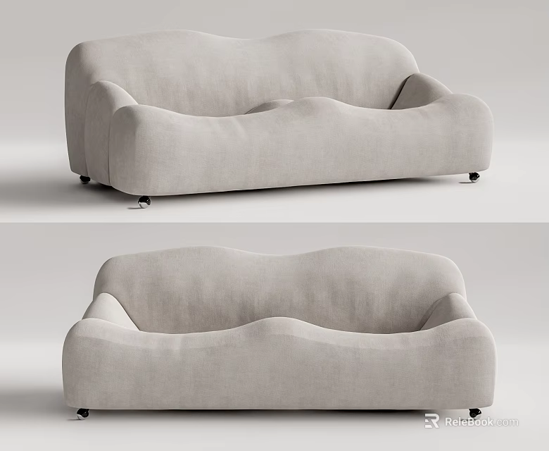 Modern Light Gray Fabric Two-Seater Sofa With Rounded Shape And Black Legs 3d model 
