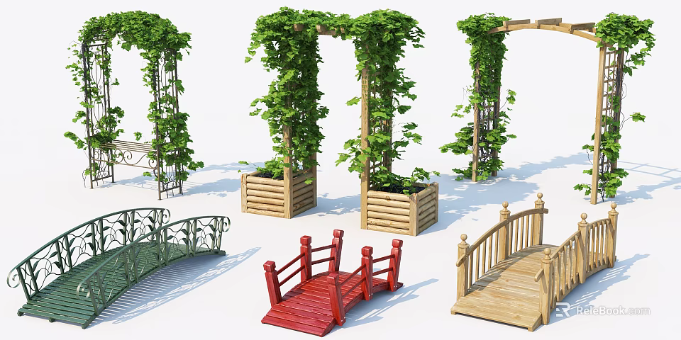 Outdoor Pergola Covered in Green Vines with Wooden Planters and Decorative Bridges 3d model 