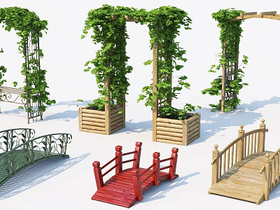 Outdoor Pergola Covered in Green Vines with Wooden Planters and Decorative Bridges 3d model