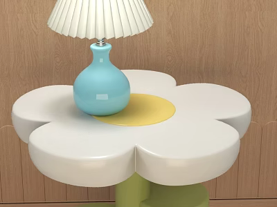 Blue Base Table Lamp with White Lampshade on Flower Shaped White Table with Yellow Center 3d model