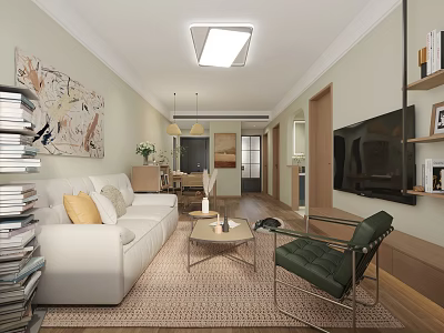 Modern Living Dining Room Interior With White Sofa Green Chair Coffee Table And Decorative Painting 3d model