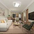 Modern Living Dining Room Interior With White Sofa Green Chair Coffee Table And Decorative Painting