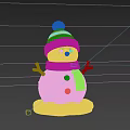 Cute White Snowman With Blue Gray Hat Scarf Stripes And Buttons On Snow Base