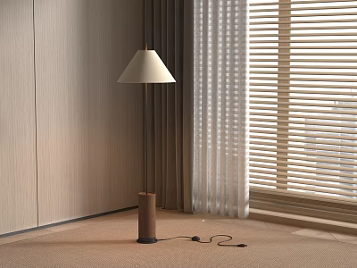 Modern Floor Lamp With White Lampshade And Brown Base Near Wooden Wall And Curtains 3d model