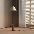 Modern Floor Lamp With White Lampshade And Brown Base Near Wooden Wall And Curtains