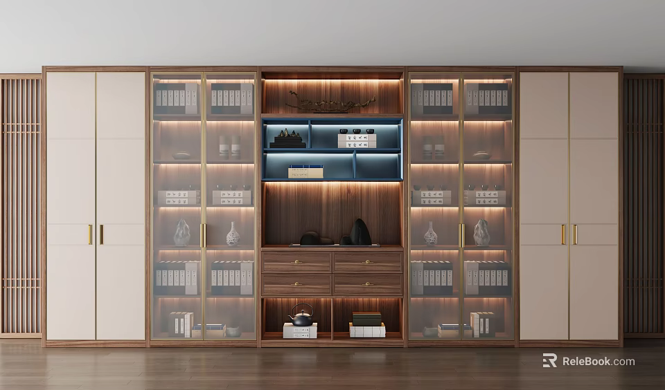 Modern Wooden Bookcase With Glass Doors Interior Lighting Books And Decorative Items 3d model 