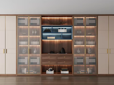 Modern Wooden Bookcase With Glass Doors Interior Lighting Books And Decorative Items 3d model