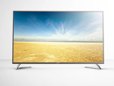Modern Television With Metallic Stand Displaying Scenic Blue Sky And Sandy Beach On Screen 3d model