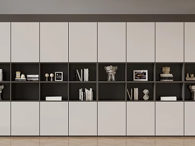 Modern Light Gray Bookshelf With Dark Gray Shelves Holding Books Decorative Statues And Frames 3d model