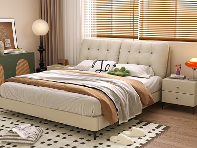 Double Bed With Tufted Headboard White Brown Bedding Nightstand Lamp Green Plant Checkered Rug Wooden Floor 3d model